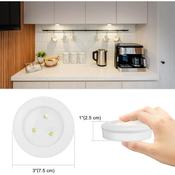 EFEMF-Wireless LED Puck Lights, Touch Activated Tap Ligh Push Light, Battery Operated Stick On Lights for Under Cabinet, Kitchen, Closet & Counters, 6-Pack, White