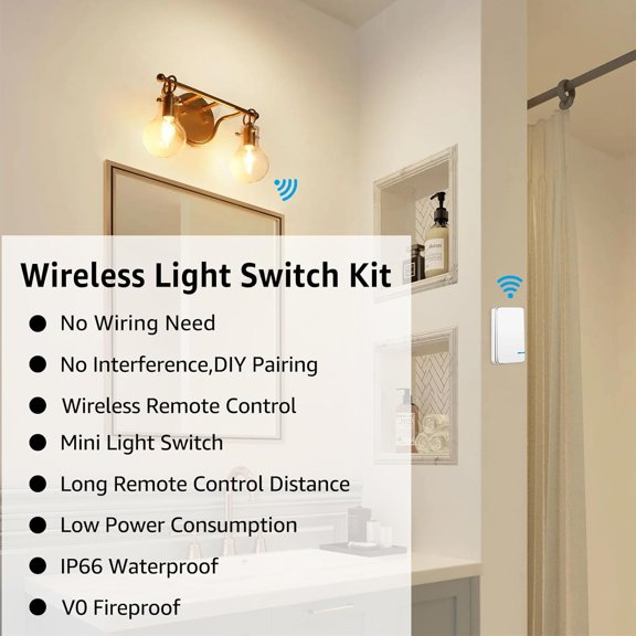 EFEMF-Wireless Light Switch and Receiver Kit, Wireless Switches for Lights, Mini Remote Lamp Switch for Ceiling Lights Lamps Lighting Fixture No Wiring No WiFi, Outdoor 1300ft Indoor 200ft Range