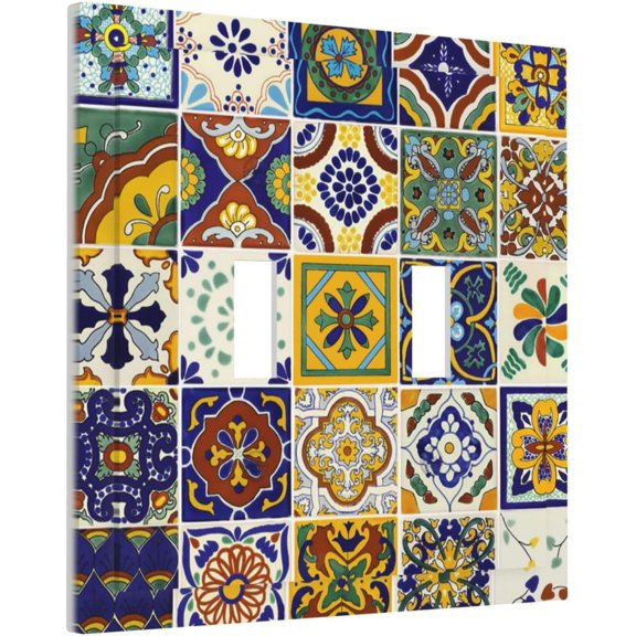 EFEMF-Yellow/Blue Boho Mexican Tile Double Toggle Light Switch Cover Decorative Bohemian Moroccan Kitchen Talavera Mosaic Ceramic 2 Gang Wall Plate Electrical Faceplate Living Room Home Decor