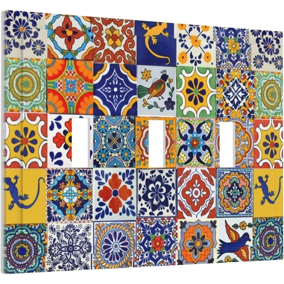 EFEMF-Yellow/Blue Kitchen Mexican Moroccan Tile Single Toggle Light Switch Cover Decorative Jumbo 1-Gang Boho Mexico Mosaic Ceramics Tiles Style Wall Plate Electrical Switch Face Wall Plate Receptacl
