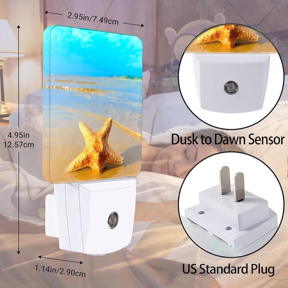 EFEMF-Yellow Starfish on Beach Night Light, Dusk to Dawn Smart Sensor Nightlight for Bedroom Bathroom Kitchen Hallway Stairs Hallway, Plug-in, Energy Efficient Decor Desk Lamp Gifts