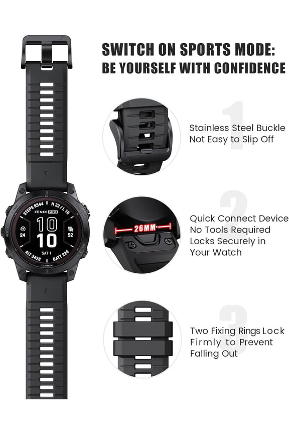 -for Fenix 7X Pro/6X Pro Band for Fenix 6X Strap Fenix 7X Band 26mm Width Fenix 5X Plus Wristband for Descent Mk2i/tactix Delta/tactix 7 Pro/tactix 7 AMOLED Soft Silicone Watch(Black)