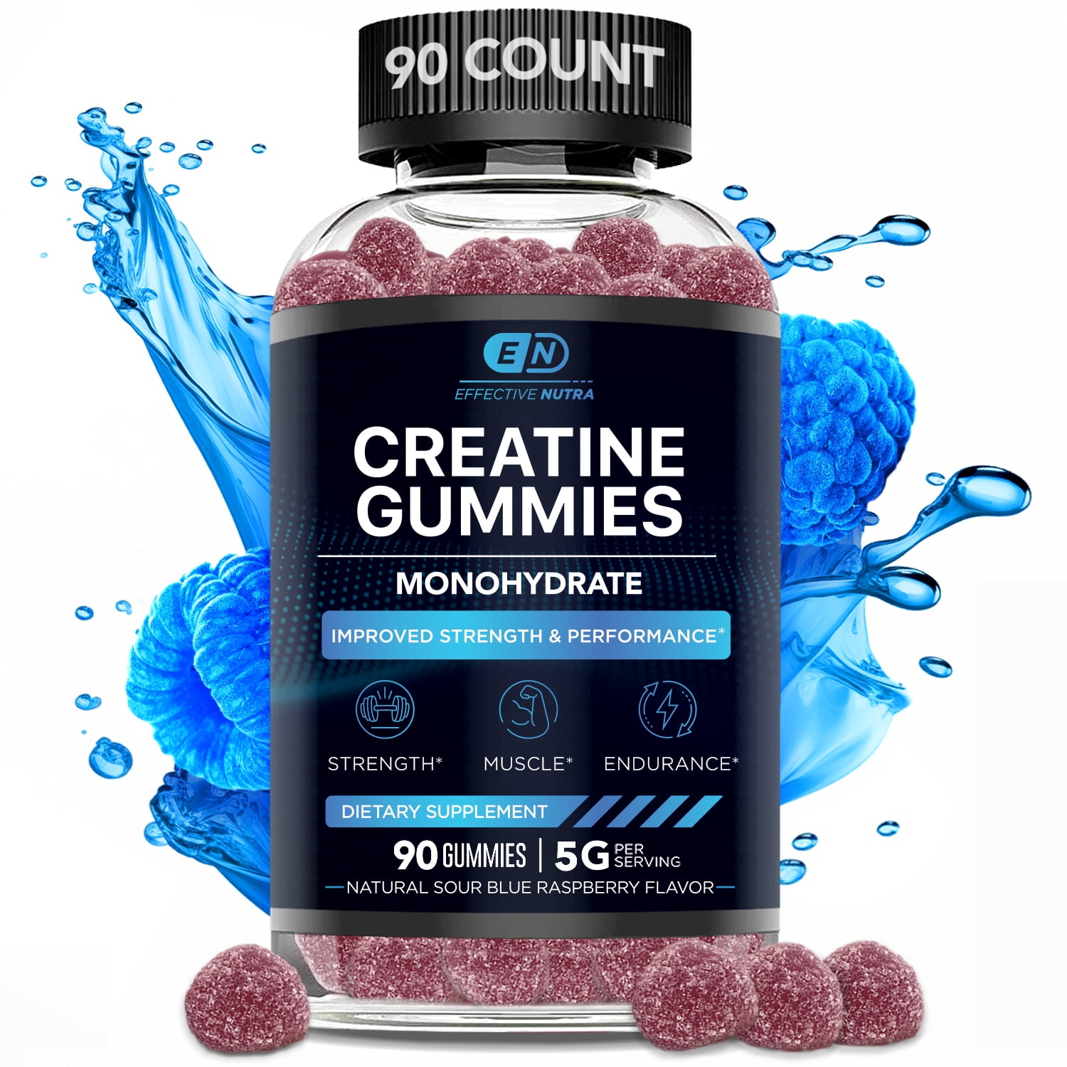 EFFECTIVE NUTRA Creatine Gummies for Men & Women - Creatine Gummies for Strength, Muscle, Endurance, Energy and Focus - Natural Sour Blue Raspberry Flavor (90ct)