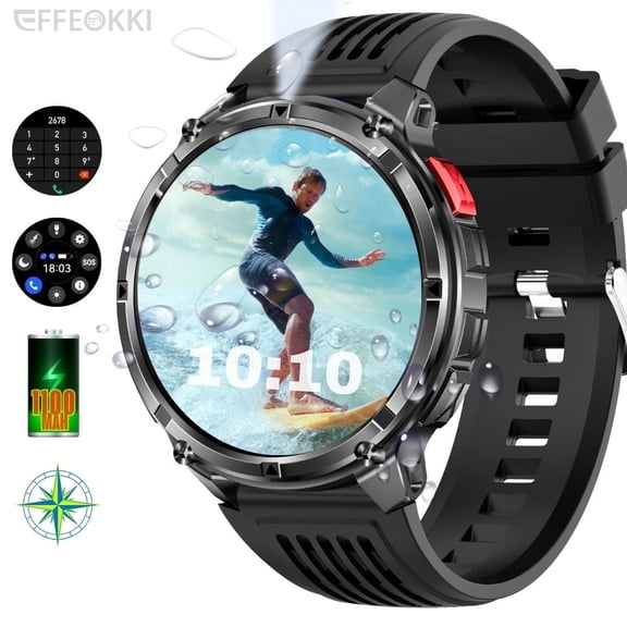 EFFEOKKI 1100mAh Rugged Outdoor Smartwatch for Men, Long Battery Life, Compass Navigation, Multiple Mode Sports Watch, IP68 Waterproof Fitness Tracker, Compatible with iOS Android Phones