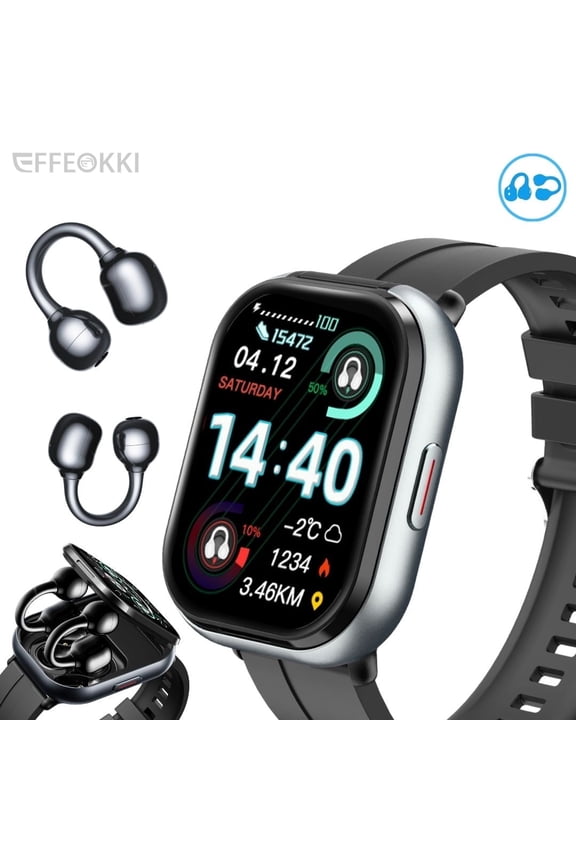 Smartwatch with Clip Earbuds, 2-in-1 Men's Fitness Watch with Bluetooth Calls, Music, Notifications, Multi-Sports, NFC, for Android & iOS Phone, Holiday Gift for Husband, Dad, or Friends