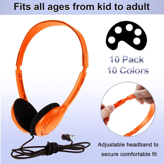 EFFFERTWQL-10 Pack Bulk Over Ear Headphones Set On Ear Headsets Earphones with Adjustable Headband and 3.5mm Plug for Group Learning, Computer Lab, Library, Online Lesson (Multicolor)