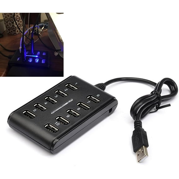 EFFFERTWQL-10-Port USB 2.0 Hub - Powered, Portable with Fashion Appearance, Suitable for Household Usage, Mini USB Port Can be Space Saving (Black)