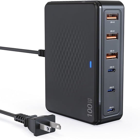 EFFFERTWQL-100W USB C Charging Station, 6-Port GaN III Desktop Hub (30W Max Per Port), Compatible with iPhone 17, 16, 15, Pro Max, 14, 13, 12, 11, iPad, iPad Pro, & Samsung Galaxy S26/S25/S24 - Black