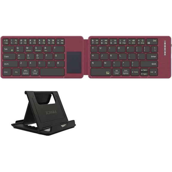 EFFFERTWQL-2-Fold Leather Bluetooth Keyboard with Touchpad, Ultra-Thin Portable for Windows/Mac/iOS/Android, 3 Devices Simultaneous Connection, Compact Foldable Design for Tablet, Phone, PC (Red)