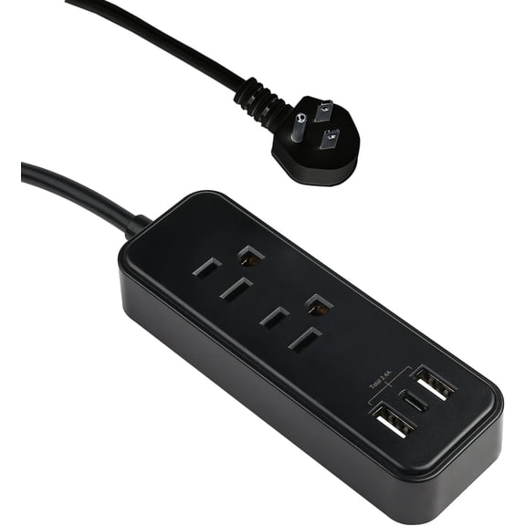 EFFFERTWQL-2-Outlet Power Strip with 3 USB Ports(1 USB-C), Flat Plug, 6 ft Power Cord, Compact USB Charging Hub, Desktop Charging Station with USB C, Black, DC3S-1202-DC