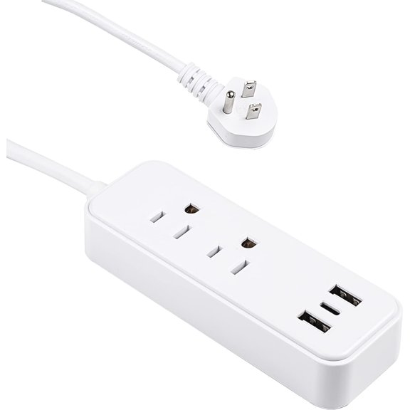 EFFFERTWQL-2-Outlet Power Strip with 3 USB Ports(1 USB-C), Flat Plug, 6 ft Power Cord, Desktop Charging Station with USB C, White, DC3S-1102-DC