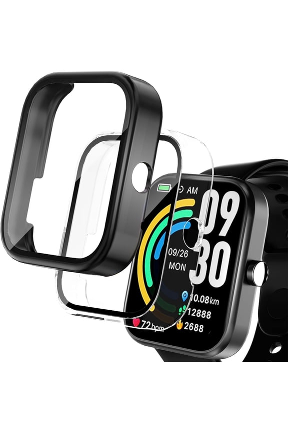 -2 Pack Protective Case Compatible with TOZO S3 Smart Watch Screen Protector, Hard PC Bumper Cover Built-in Tempered Glass for TOZO S3 1.83 Watch Accessories (Not for TOZO S2/S4) -Black+Cl