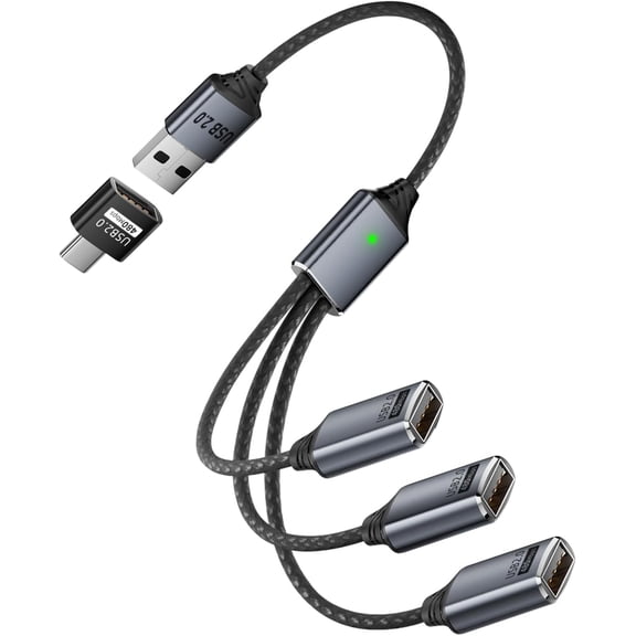 EFFFERTWQL-3 in 1 USB 2.0 Extension Cable 1 in 3 USB 2.0 Male to 3 Female Splitter Cable, 480Mbps 5V3A, with A to C Adapter Extend to Type C Male to 3 USB Female C-able, for Charging Data Transfer OT