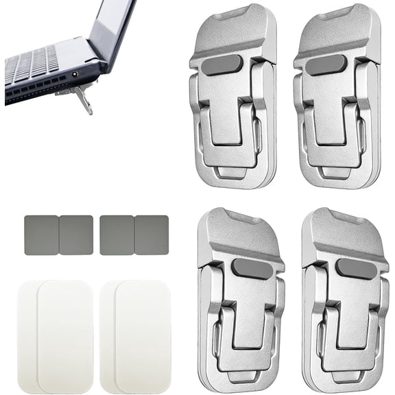 EFFFERTWQL-4 Pack Mini Foldable Keyboard Stand for Desk, Portable Computer Keyboard Riser with 3 Adjustable Angles, Self-Adhesive Zinc Alloy Laptop Stand Lift Feet, Silver