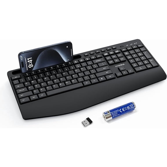 EFFFERTWQL-5th Gen Wireless Keyboard, 2.4G Full-Sized Cordless Ergonomic Keyboard with Wrist Rest, Phone ipad Holder, Adjustable Angle, Compatible with Laptop/PC/Mac/Windows, Black