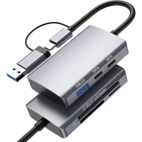 EFFFERTWQL-6-in-1 CF/SD/TF Card Reader with Dual USB-C Hub - USB 3.0 Card Reader Adapter for Computer/Android/Micro SD/, Memory Stick Pro Duo Adapter, 5Gbps High-Speed Data Transfer