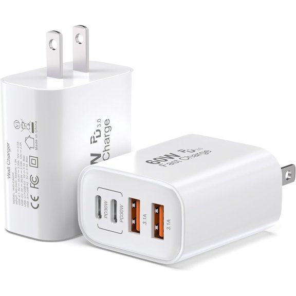 EFFFERTWQL-60W USB-C Charger Block (2-Pack), 4-Port Fast Charging Hub (2 USB-C, 2 USB-A), PD 3.0 Wall Plug Compatible with iPhone 17/16/15, iPad & Samsung Galaxy S25/S24/S23