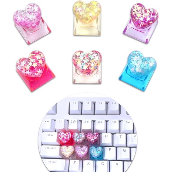 EFFFERTWQL-6PCS Bling Heart Custom Keycaps - Cute Artisan Keycap Replacement Key for Cherry MX Mechanical KeyboardsOEM Decoration Profile for Computer Gaming KeyboardsArtisan ESC OEM Key Cap