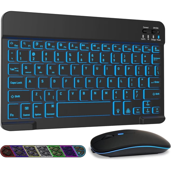 EFFFERTWQL-7 Colors Backlit Bluetooth Keyboard and Mouse Combo for iPad Pro/Air/Mini, Ultra-Slim Rechargeable Wireless Keyboard and Mouse for iPhone 15/14/13 Pro/Samsung/Tablet/PC/Laptop/iOS/Windows/