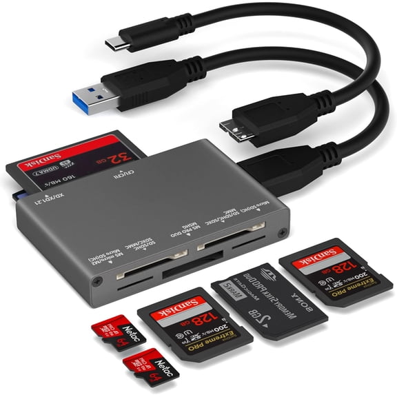 EFFFERTWQL-7-in-1 Multi Memory Card Reader, USB 3.0 SD Card Reader Writer(5Gbps) Read 7 Cards Simultaneously for SD/Micro SD/MS/CF/MMC/XD/SDHC/SDXC Camera Memory Card (with 2 USB A and C to Mirco B 3