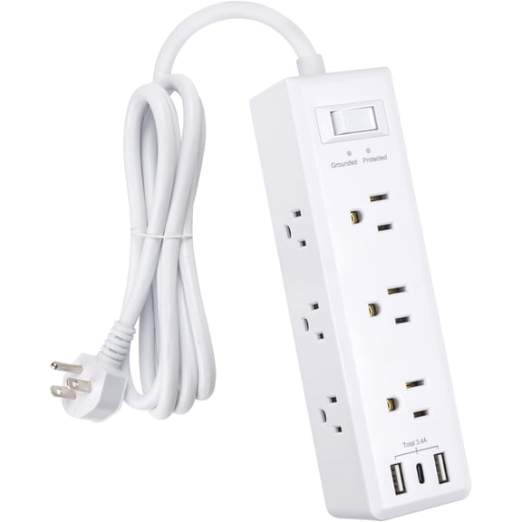 EFFFERTWQL-9-Outlet Surge Protector Power Strip with 3 USB Ports(1 USB-C), 5ft Power Cord, Flat Plug, Multi Outlets on 3 Sides, Desktop Charging Station, White, DC3S-1109-DC