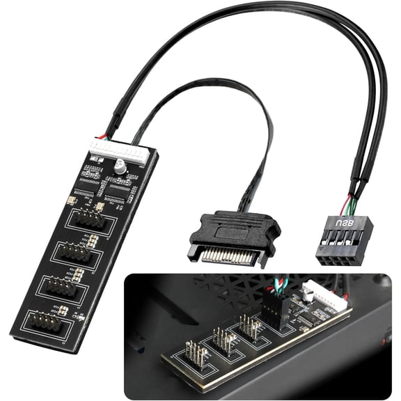 EFFFERTWQL-9Pin USB 2.0 Header Splitter With SATA Power Cable - 1 to 4 Internal USB Hub for CPU/WiFi Receiver/Fans/RGB Light/Printer/Scanner