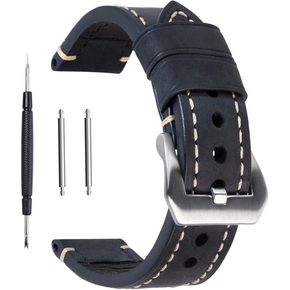 EFFFERTWQL-Black 24mm Genuine Leather Wristwatch Watch Band Oil Tan Vintage Watchband for Men with Stainless Buckle
