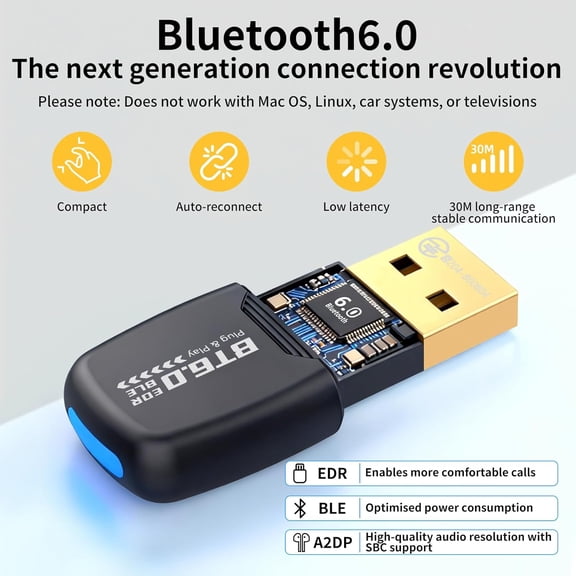 EFFFERTWQL-Bluetooth Adapter USB Bluetooth 6.0 Adapter EDR & BLE for PC Compact Design Plug & Play Compatible with Windows 8.1/10/11 Bluetooth Receiver & Transmitter for Keyboard/Mouse/Headphone/Spea