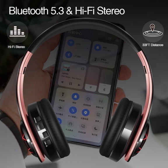 EFFFERTWQL-Bluetooth Headphones, Chat- Comfortable Over Ear Stereo Headphones,7 Breathing Led Lights up, Wireless Headset for Adult Teen Kid for Phone/Samsung/Pad/PC/Android/Laptop/TV (Rosegold)