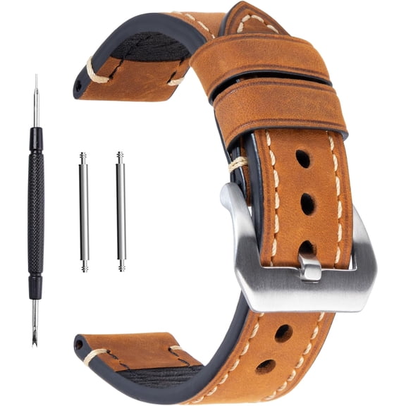 EFFFERTWQL-Brown 24mm Genuine Leather Wristwatch Watch Band Oil Tan Vintage Watchband for Men with Stainless Buckle