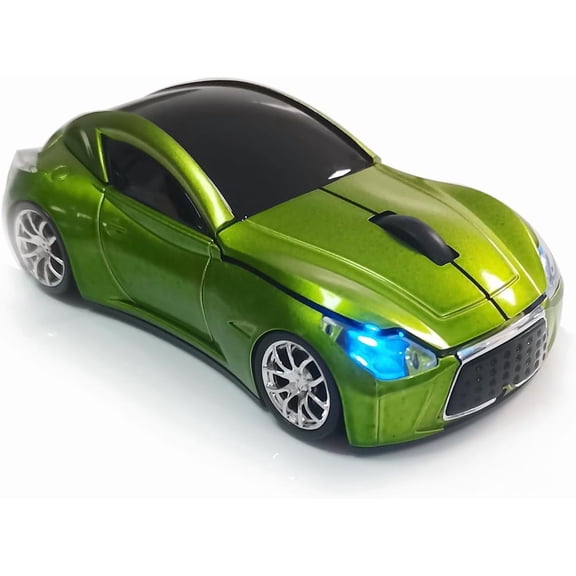 EFFFERTWQL-Car Mouse for Computer, Wireless Car Shaped Mice for Laptop, PC, Mini Cute Mouse with 2.4Ghz USB Receiver, 3D, 1600DPI, Silent Clicks, LED Headlights (Green)