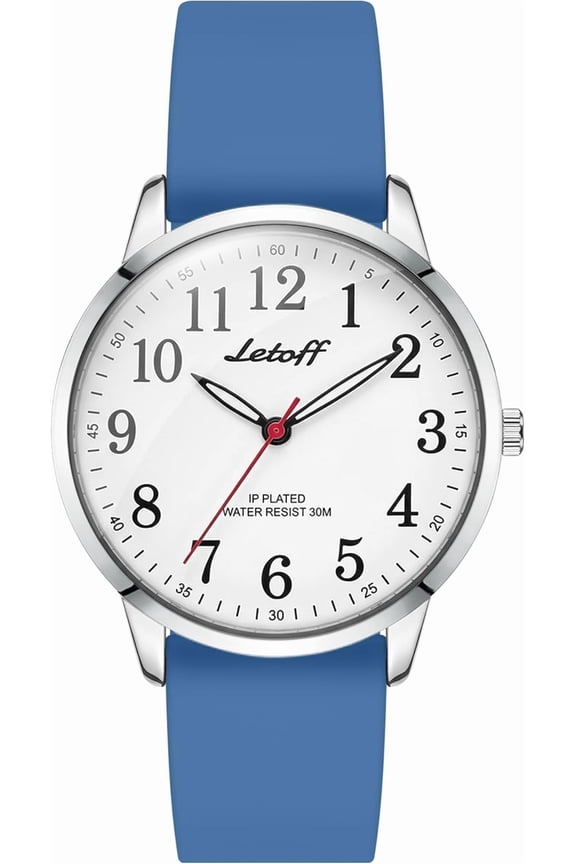 -Classic Analog Watch, White Dial with Arabic Numerals, Non-Ticking,Exam Friendly,Silicone Band, 30M Water Resistant