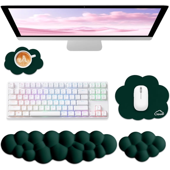 EFFFERTWQL-Cloud Wrist Rest for Computer Keyboard, 4-in-1 Memory Foam Leather Cloud Keyboard Wrist Rest and Mouse Pad Set with Ergonomic Support for Arm and Palm Cushion, Gaming/Work Setup, Dark Gree