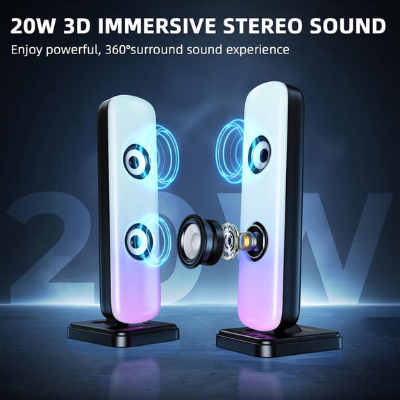 EFFFERTWQL-Computer Speakers for Desktop, 20W Hi-Fi Stereo Gaming Speakers with Bluetooth & 3.5mm Aux-in Connection, Controllable RGB Lights, AC Adapter Powered PC Speakers for Laptop, Monitors, Phon