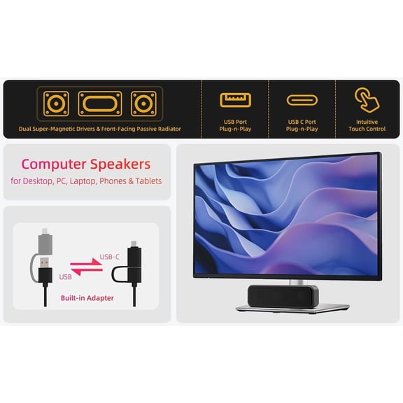 EFFFERTWQL-Computer Speakers for Desktop PC Laptop, Wired, USB Plug-in, External Speakers for Monitor, Small Computer Sound bar for PC, Loud Speaker with Deep Bass, Touch Control, Built-in USB-C to U