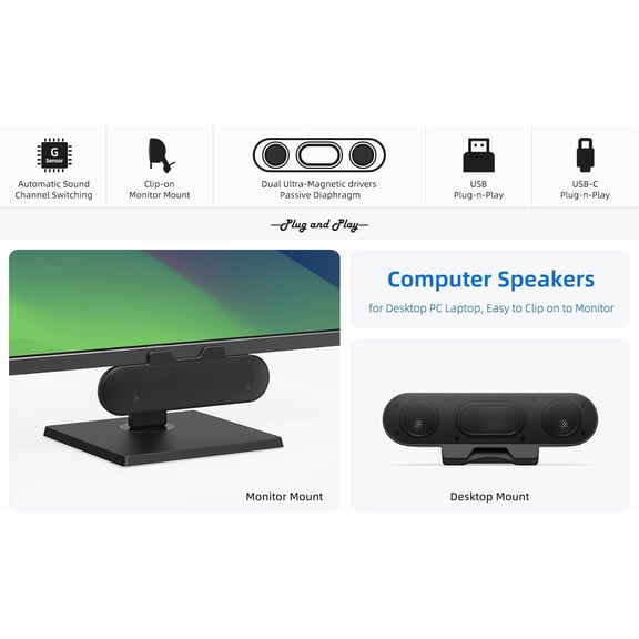 EFFFERTWQL-Computer Speakers for Desktop PC Monitor, External Speakers for Laptop, USB-Powered, Plug-n-Play, Wired, Clip-On, Small Computer Soundbar for PC, with Loud Sound, Rich Bass, G-Sensor, USB-