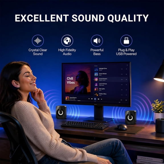 EFFFERTWQL-Computer Speakers for Desktop,Portable PC Monitor Speaker,Mini Speakers for Desktop,Laptop,Small USB Speaker with Stereo Sound, 2 Ports,2 Speaker Units,Easy Volume Control