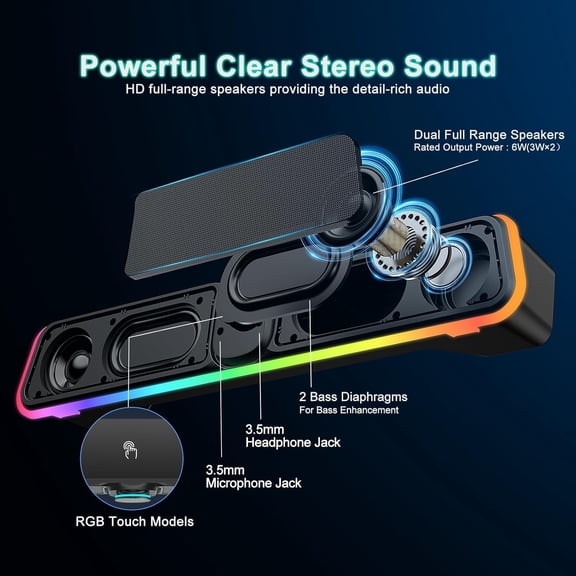 EFFFERTWQL-Computer Speakers - Wired USB Powered Bluetooth Computer Sound Bar with RGB & Volume Knob, HiFi Stereo Portable Gaming Sound Bar Speaker for Desktop Monitor, PC, Laptop, Tablets, Mac Air/P
