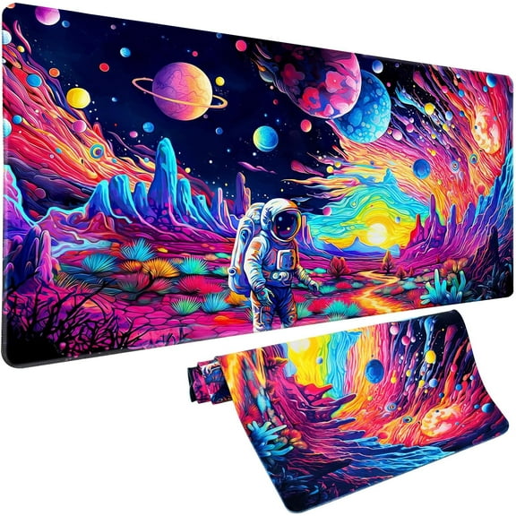 EFFFERTWQL-Cyberpunk Astronaut Mouse Pad Desk Mat Fantasy Planet Space Large Gaming Mouse Pad Anime Desk Pad Mousepad XXL Extended Keyboard Mat Futuristic Cosmic Adventure Mouse Mat, Waterproof, 31.5
