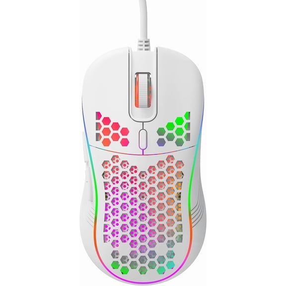 EFFFERTWQL-DC G40U Wired Gaming Mouse, RGB Honeycomb Ergonomic Design, 4 DPI Levels (1200/2400/4800/7200), Optical Sensor, Plug and Play, Compatible with PC, Mac, Tablet (White)