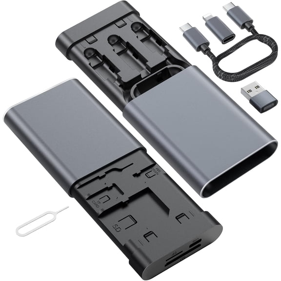 EFFFERTWQL-Data Hub, Travel Rated Multi-Card Reader, and 65W 3-in-1 Charging Cable, Nano-Sim-TF-SD, Card Storage, Lighting, USB-C, USB-A Connectors, iOS/Win/Mac/Android, Compact Aluminum Case, No Loo