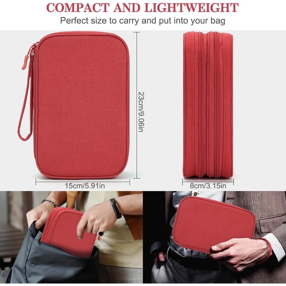 EFFFERTWQL-Electronic Organizer, Large Travel Cable Organizer Bag Pouch Electronic Accessories Carry Case Portable Waterproof Double Layers All-in-One Storage Bag for Cable, Cord, Charger, Phone, Red