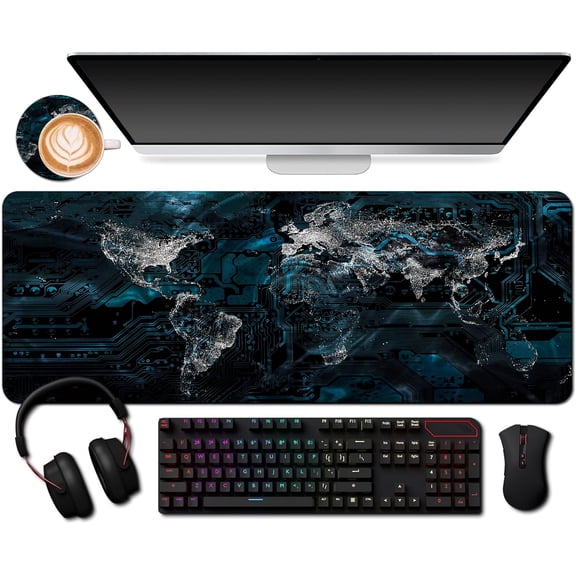 EFFFERTWQL-Extended Mouse Pad with Cup Coaster for Computer and Keyboard31.5 X 11.8 inch Gaming Mouse Pad Desk Mat - Global City Lights World Map