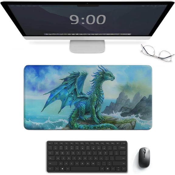 EFFFERTWQL-Fantasy Dragon Large Mouse Pad Watercolor Style Dragon Mousepad Great Waves Desk Mat Desk Pad for Computer Keyboard and Mouse Mat Non-Slip Base 23.6 x 11.8 Inch