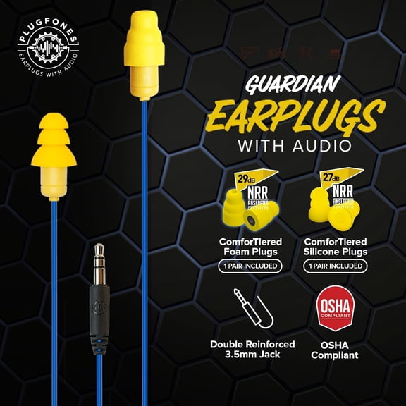 EFFFERTWQL-Guardian Earplug Headphones - OSHA Approved Noise Isolating in-Ear Earbuds with Hearing Protection - Wired Hybrid for Work and Travel - Includes Silicone and Foam Earplugs - Blue & Yellow