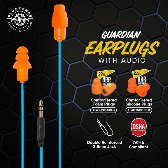 EFFFERTWQL-Guardian Earplug Headphones - OSHA Approved Noise Isolating in-Ear Earbuds with Hearing Protection - Wired Hybrid for Work and Travel - Includes Silicone and Foam Ear Plugs - Blue & Orange