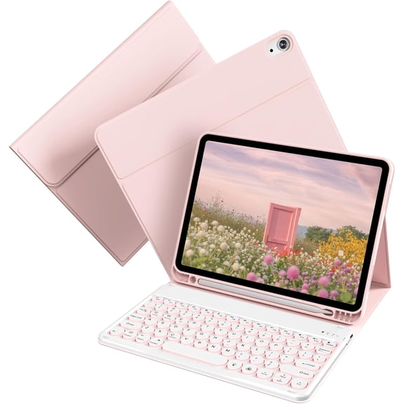 EFFFERTWQL-Keyboard Case for iPad (A16) 11th/10th Generation 11/10.9 Inch - 7 Colors Backlit Wireless Detachable Round Keys Keyboard, Slim Smart Folio Cover with Pencil Holder, Pink