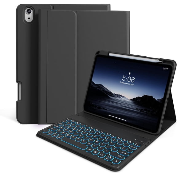 EFFFERTWQL-Keyboard Case for iPad (A16) 11th 11-Inch / 10th 10.9-Inch Generation(2025/2022) with Pencil Holder- 7 Colors Backlit Rechargeable Wireless Detachable Folio Bluetooth Keyboard Cover, Black