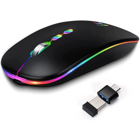 EFFFERTWQL-LED Wireless Mouse, Slim Rechargeable Silent Portable USB Optical 2.4G Wireless Bluetooth Two Mode Computer Mice with USB Receiver and Type C Adapter (Black)
