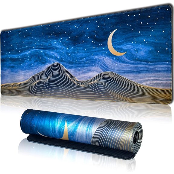 EFFFERTWQL-Large Gaming Mouse Pad for Desk, Desk Mat with Seamed Edges, Waterproof Desk Pad, Non-Slip Rubber Base, 31.5x11.8 Inch Keyboard Pad Computer Mat, Big XL Moon Mountain Line Mousepad